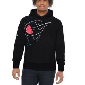 black champion hoodie with pink and blue details